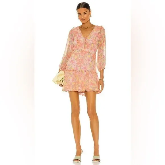 LIKELY | Mia Dress in Peach/ Pink Floral Mini Ruffle Dress Size 6 - Picture 6 of 6